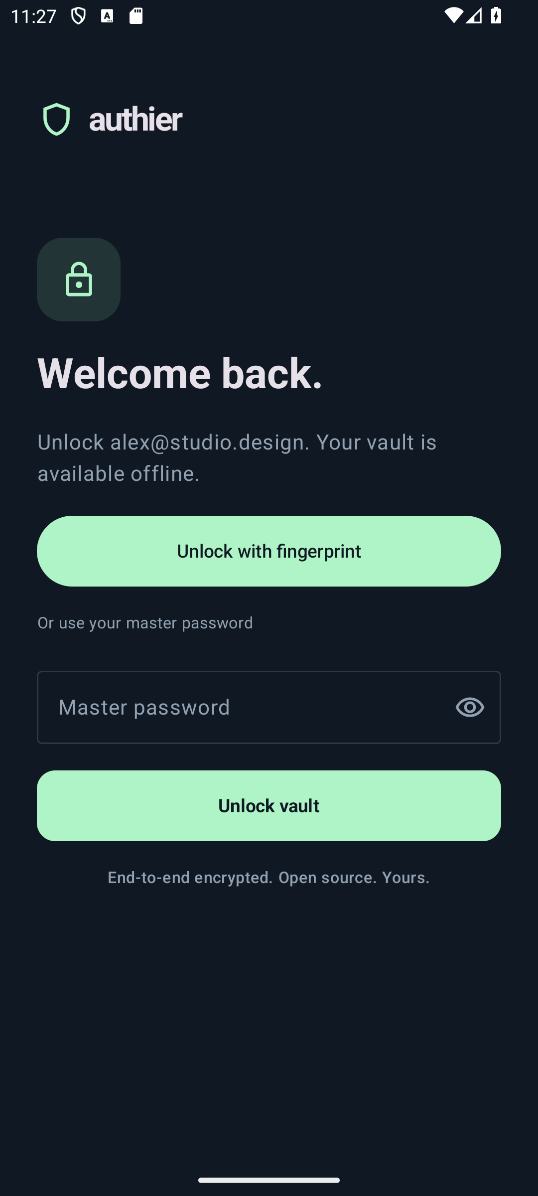 Authier unlock screen offering fingerprint unlock or a master password