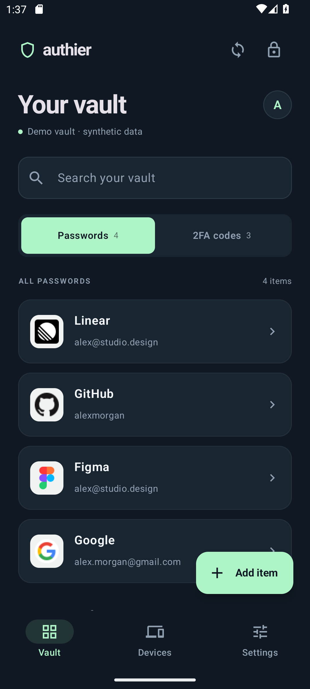 Authier Android vault showing saved passwords for synthetic demo accounts