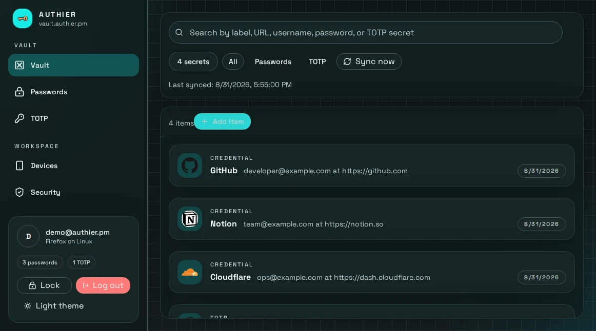 Authier web vault in dark mode showing the vault navigation, search, password and TOTP filters, and a list of sample credentials