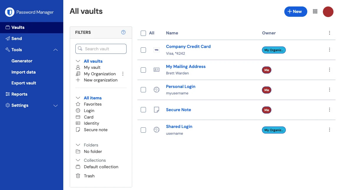Bitwarden Password Manager web vault showing the All vaults navigation, filters, item types, folders, and sample vault entries