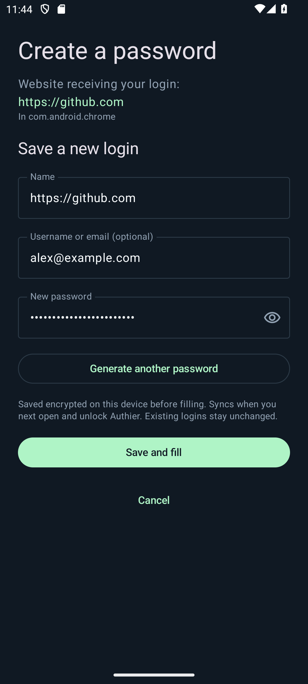 Authier’s Android password creation screen showing the receiving website, username, generated password, and Save and fill button