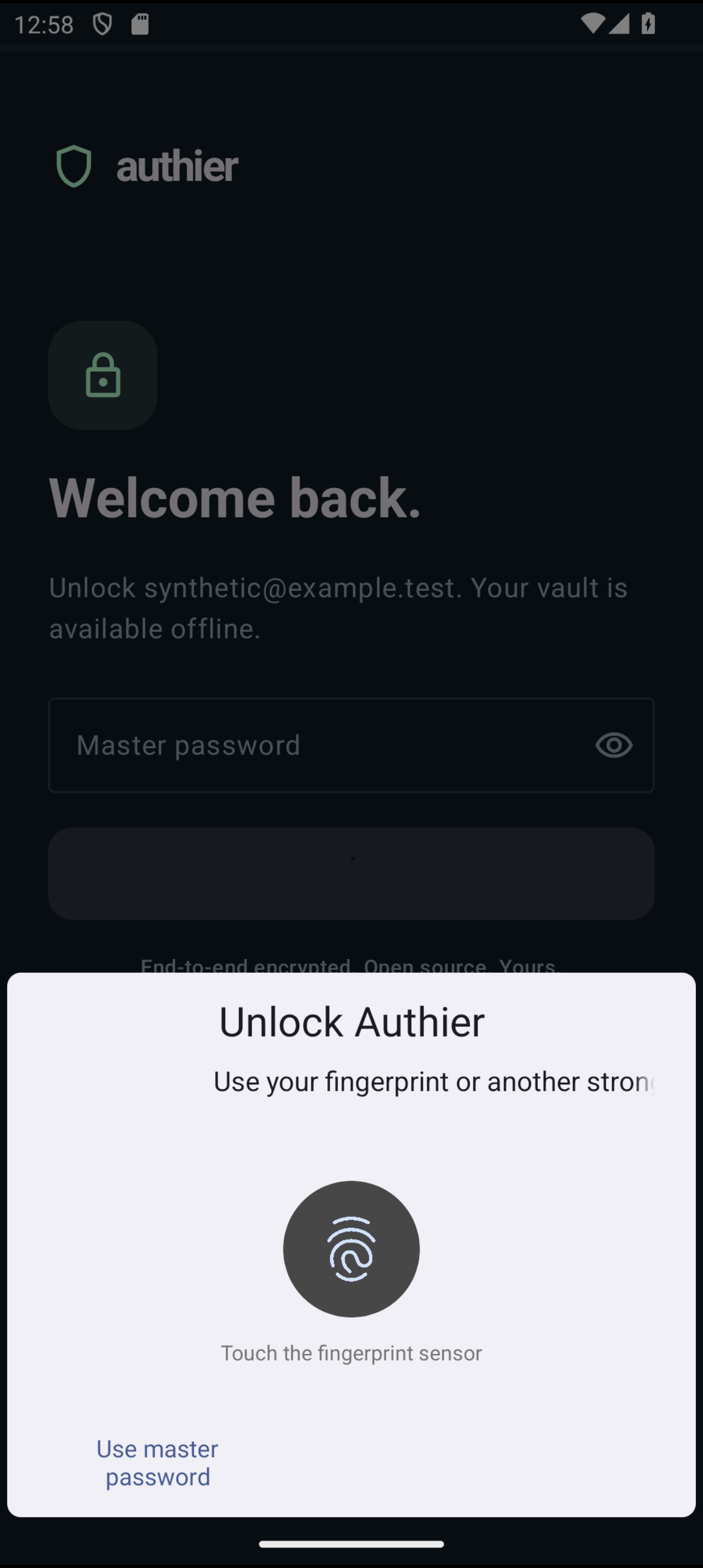Android’s fingerprint prompt opening over the locked Authier vault, with a master-password fallback